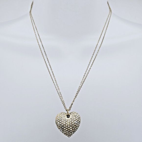 Puffy Pave Heart Necklace Gold Tone Rhinestone Double Chain Feminine Romantic - Picture 11 of 13